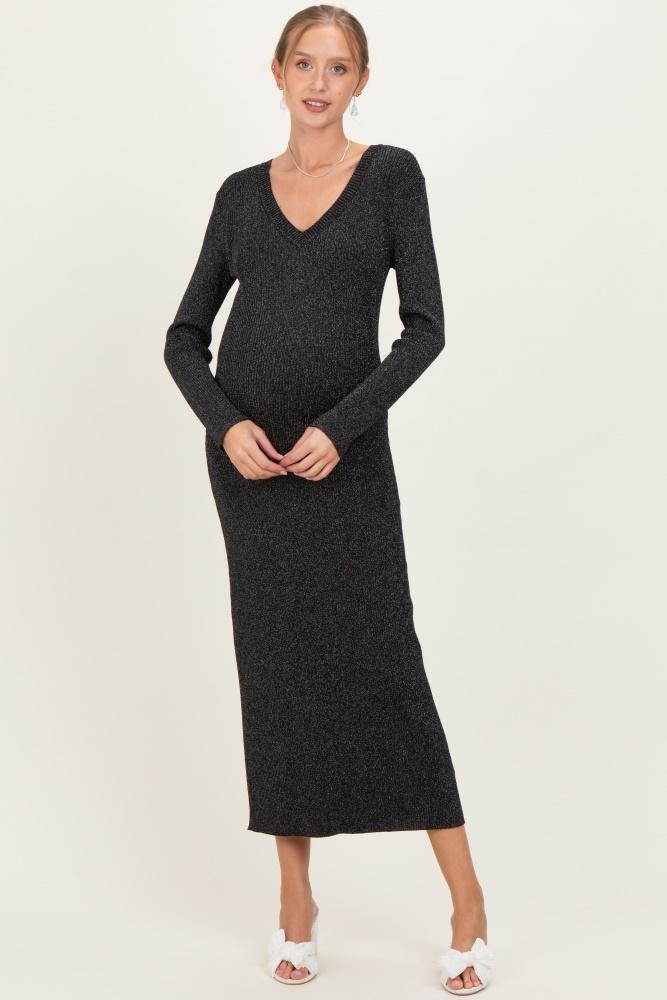 black shimmer ribbed knit maternity maxi dress