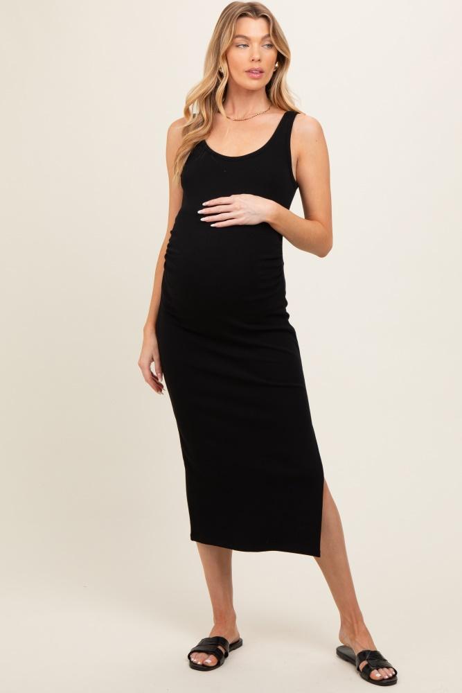 black short sleeve ruched maternity dress