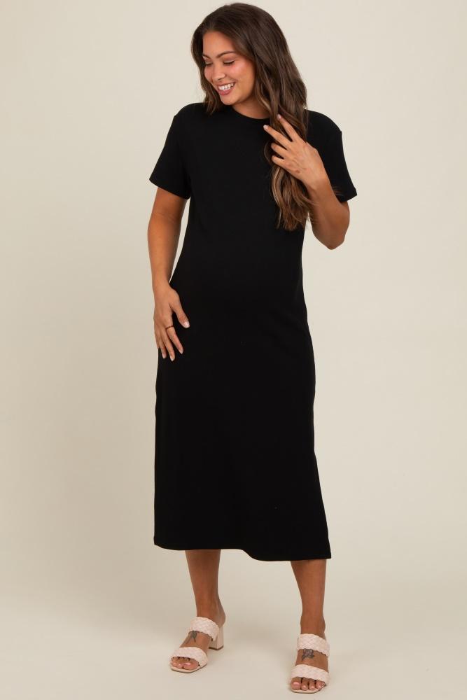black short sleeve side slit maternity t-shirt midi dress