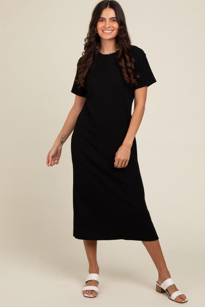 black short sleeve side slit t-shirt midi dress