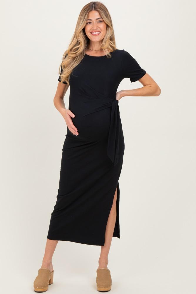 black short sleeve waist tie side slit maternity maxi dress