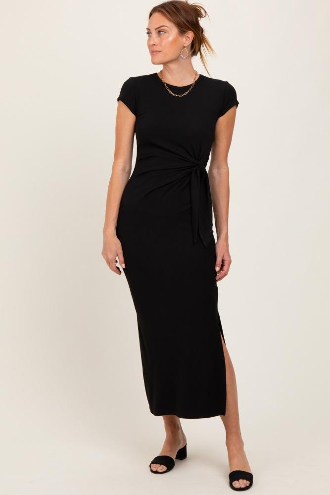 black side knot tie short sleeve midi dress