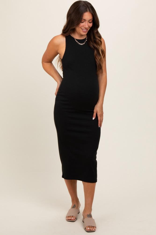 black sleeveless ribbed knit maternity midi dress