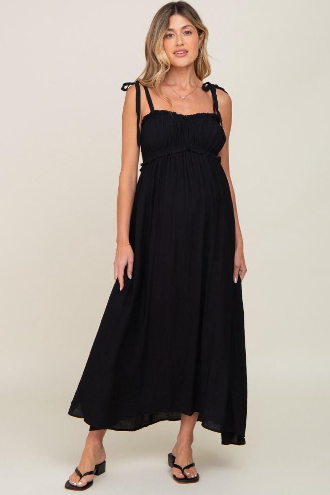 black sleeveless ruffle trim maternity maxi dress