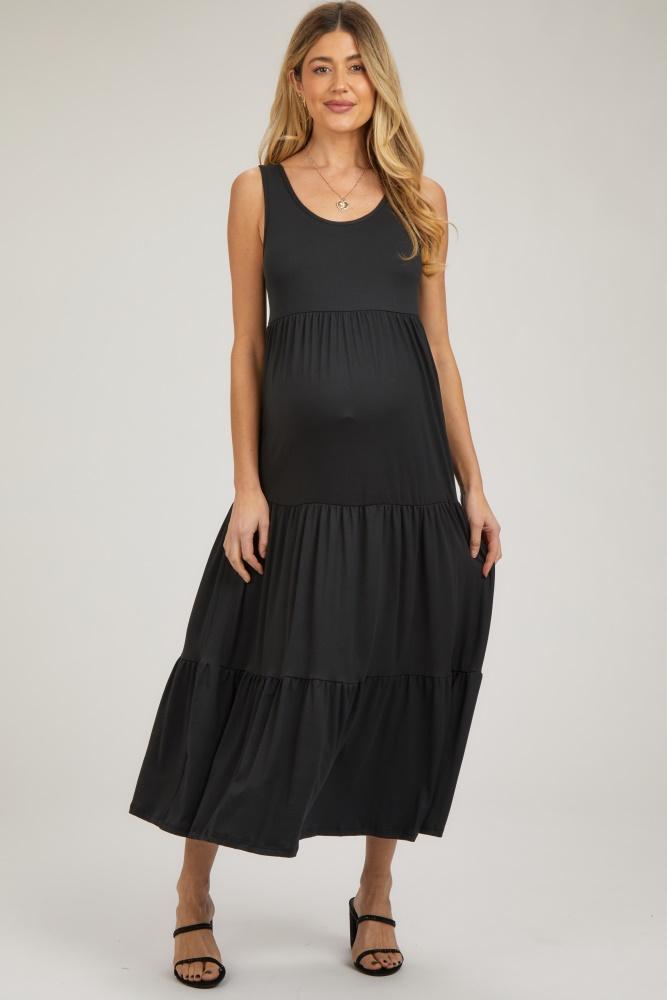 black sleeveless scoop back tiered maternity maxi dress