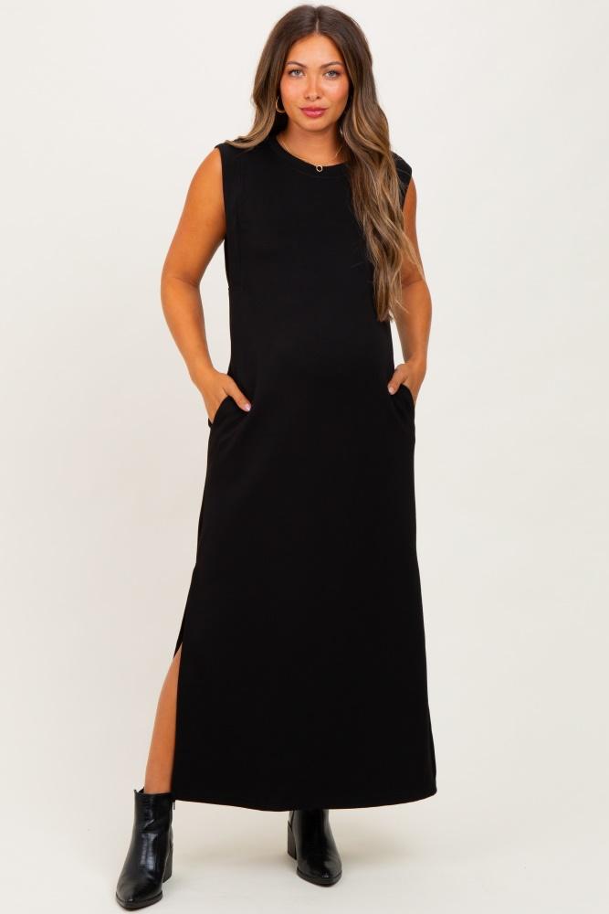 black sleeveless side slit maternity midi dress