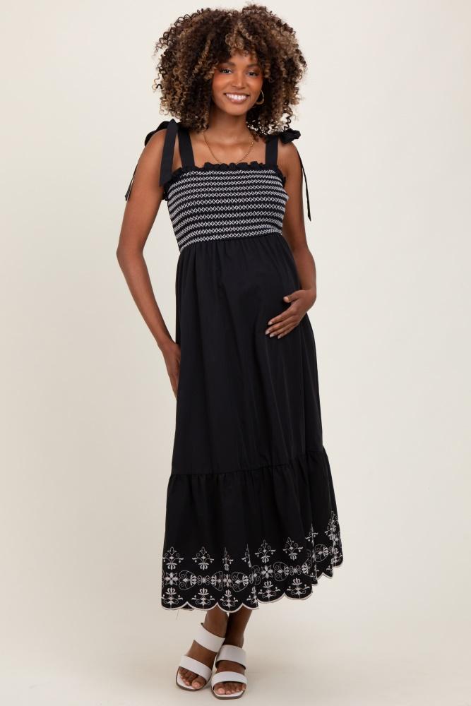black smocked embroidered shoulder tie maternity midi dress