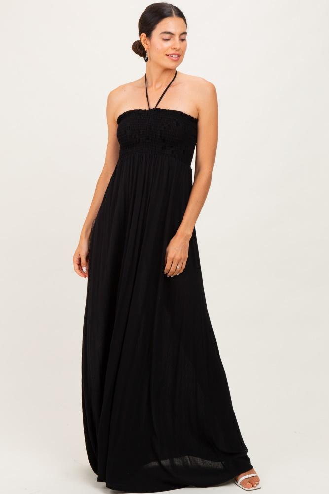 black smocked halter maxi dress