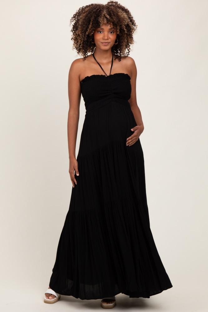 black smocked halter tiered maternity maxi dress