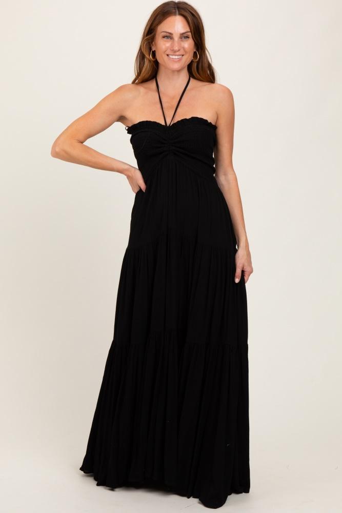 black smocked halter tiered maxi dress