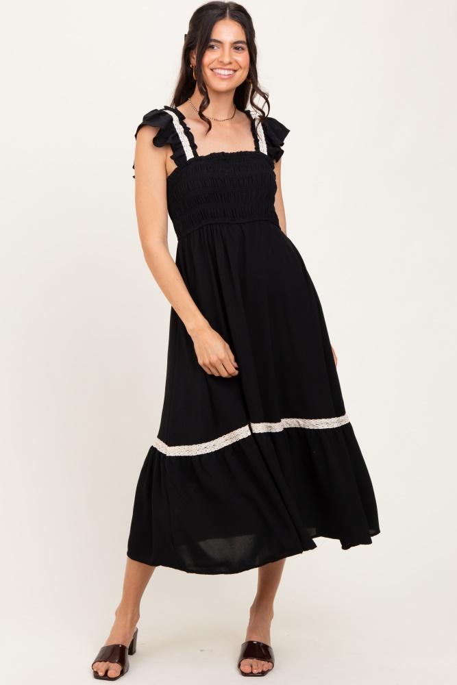 black smocked lace detail midi dress