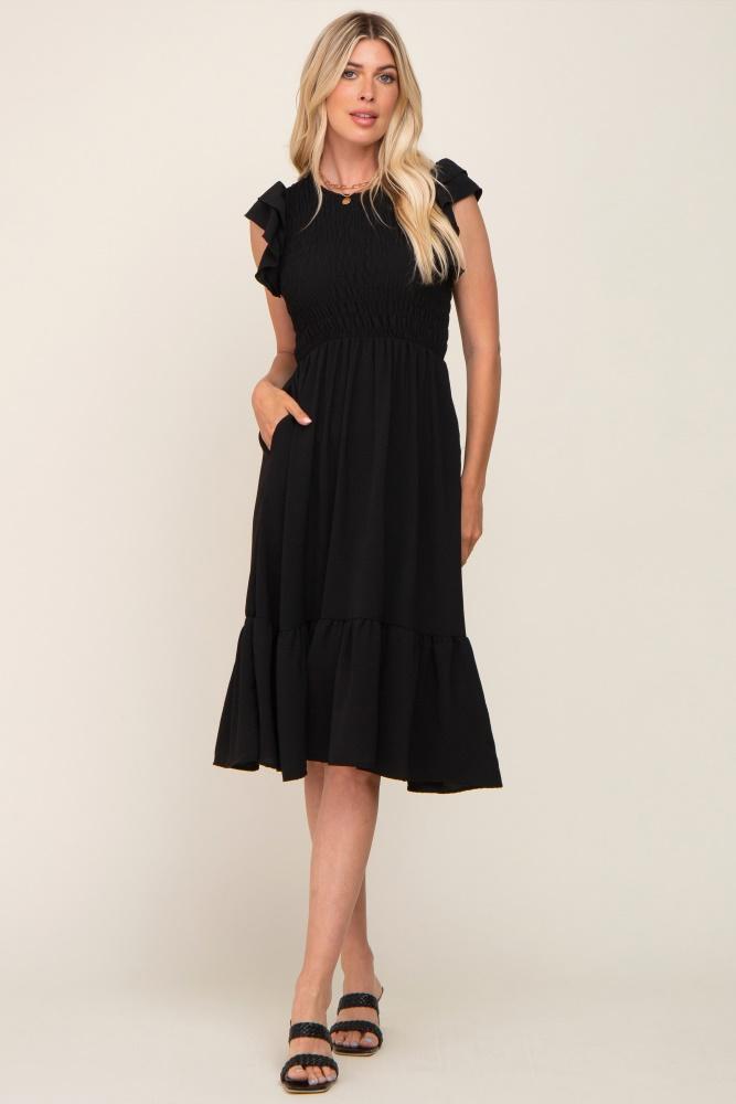 black smocked layered ruffle flutter sleeve midi dress