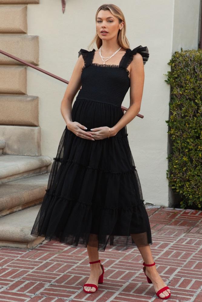 black smocked mesh ruffle accent maternity midi dress