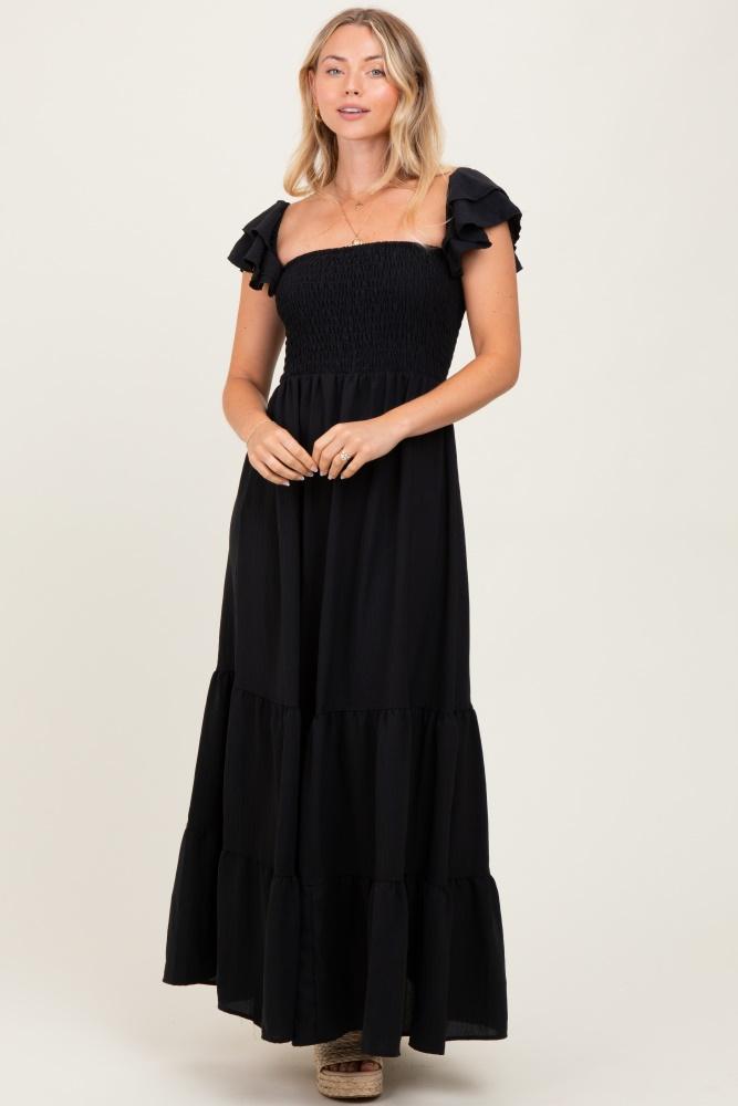 black smocked ruffle off shoulder tiered maxi dress