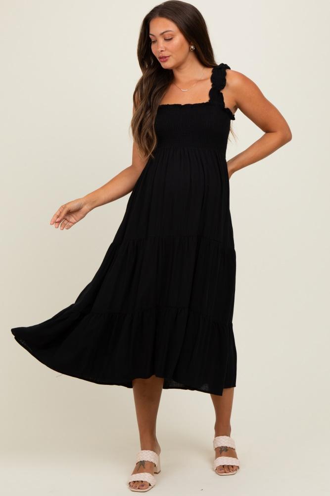 black smocked ruffle strap tiered maternity midi dress