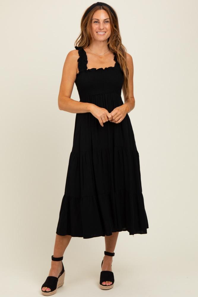 black smocked ruffle strap tiered midi dress