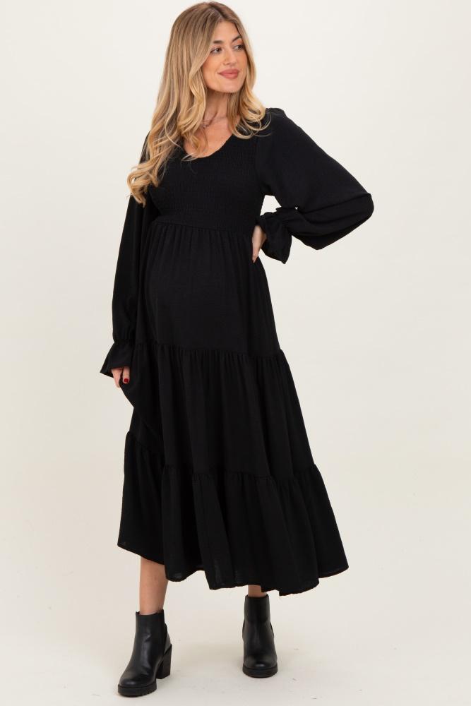 black smocked tiered long sleeve maternity maxi dress