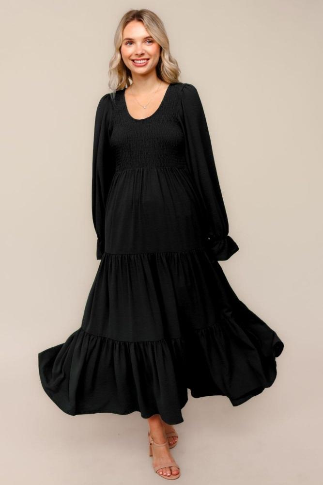 black smocked tiered long sleeve maxi dress