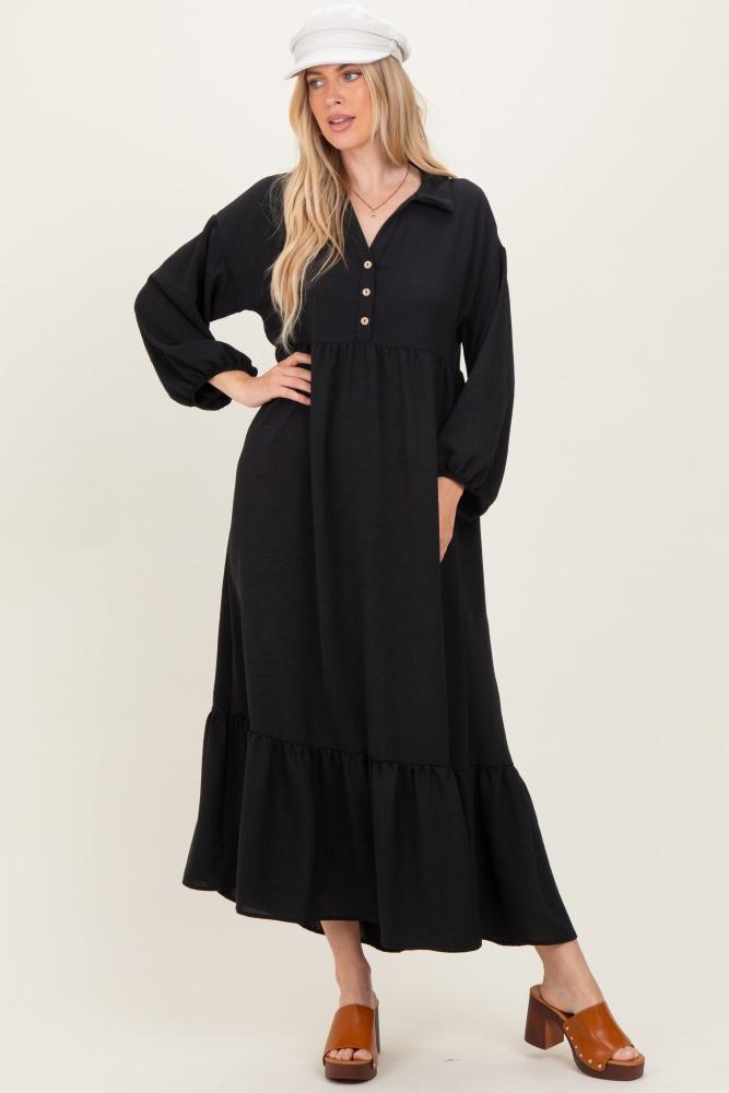 black solid long sleeve button down tiered collared dress