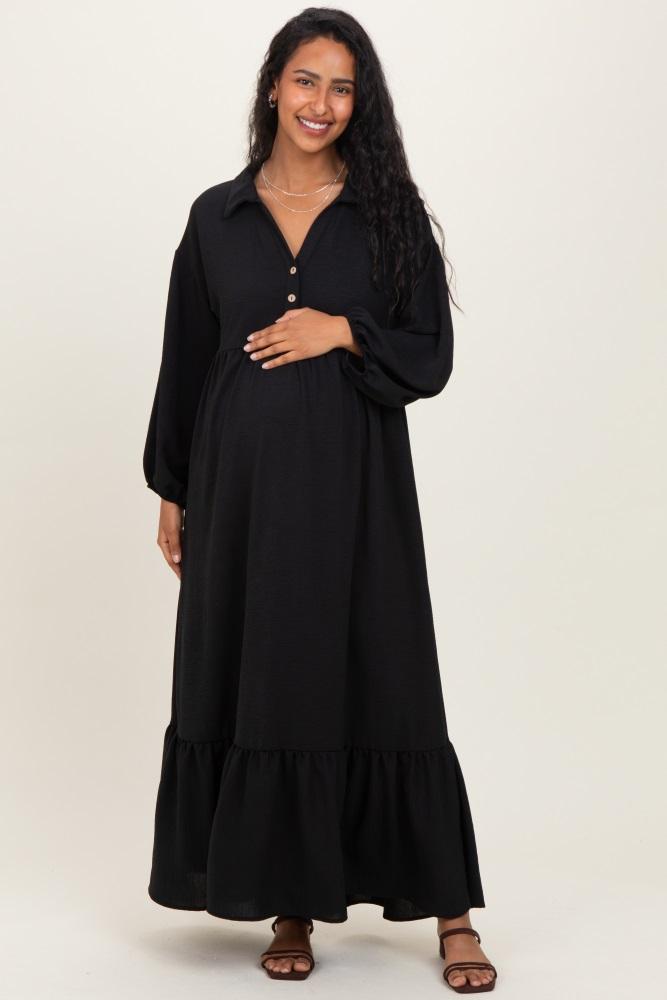 black solid long sleeve button down tiered collared maternity dress