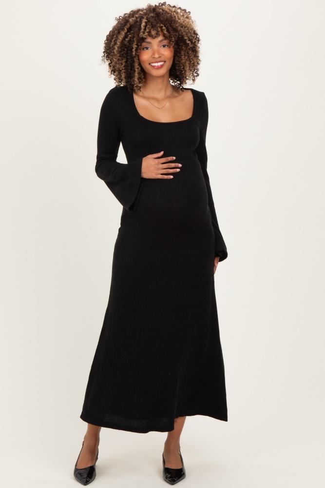 black solid ribbed long sleeve square neck maternity maxi dress