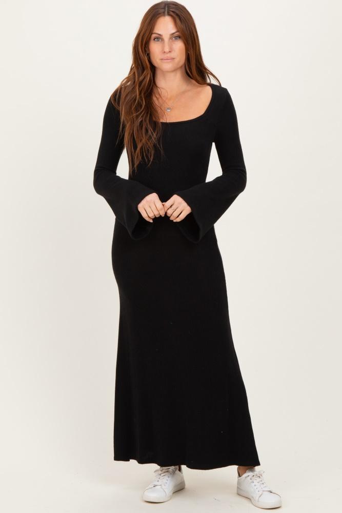 black solid ribbed long sleeve square neck maxi dress