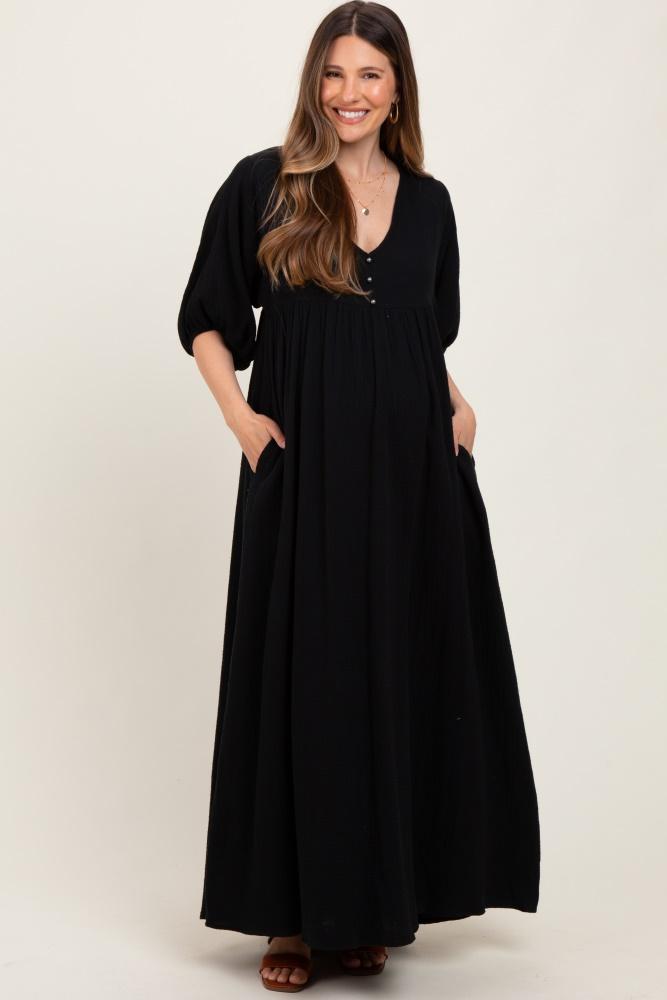 black solid woven elbow sleeve v-neck button down maternity maxi dress