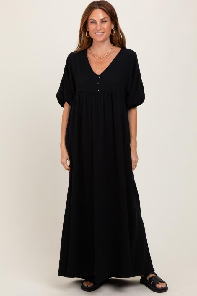 black solid woven elbow sleeve v-neck button down maxi dress
