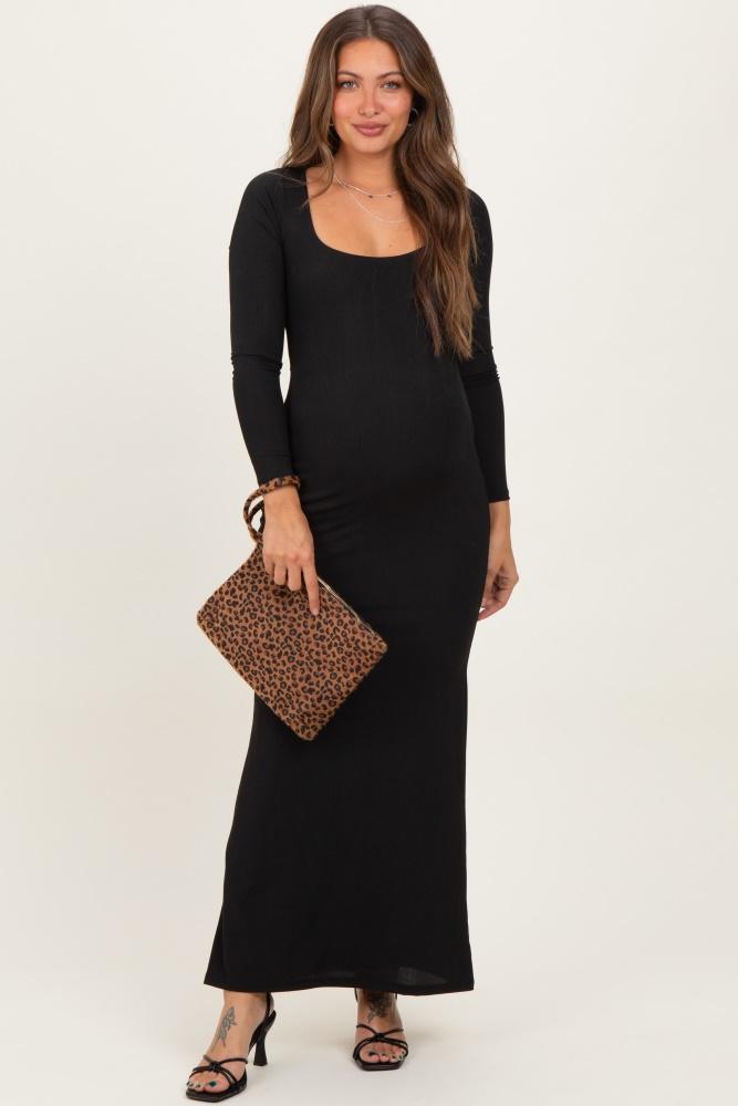 black square neck long sleeve maternity maxi dress