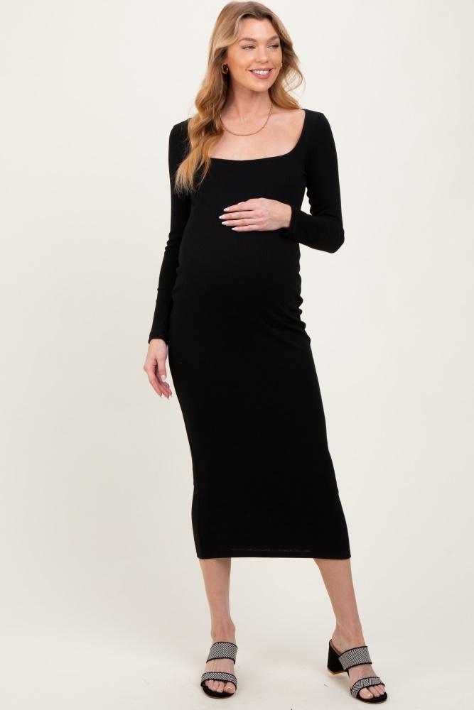 black square neck rib long sleeve maternity maxi dress
