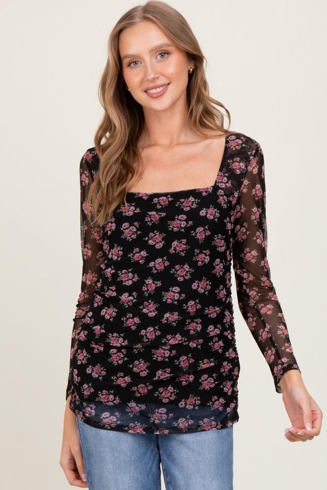 black square neck sheer sleeve floral top