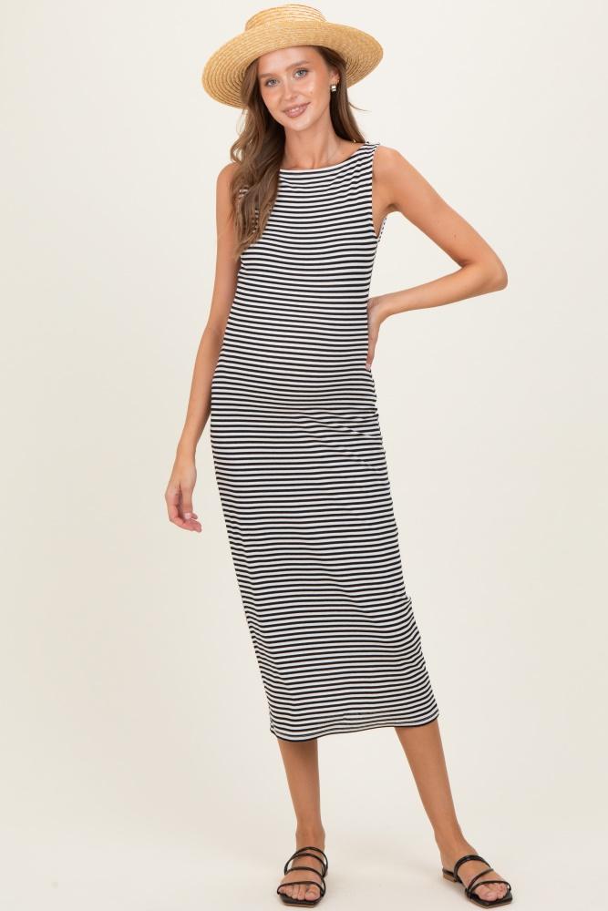 black striped boat neck sleeveless maternity midi dress