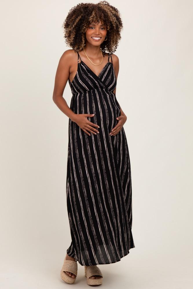 black striped double strap v-neck maternity maxi dress