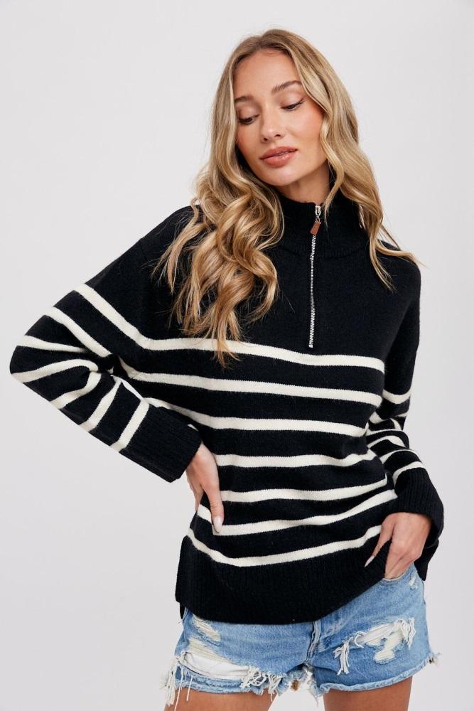 black striped half zip sweater