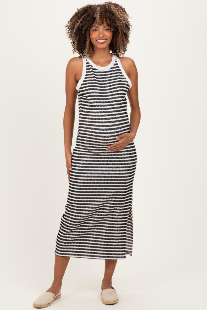 black striped knit side slit maternity tank dress