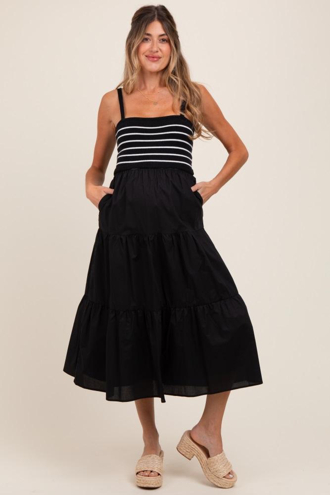 black striped knit top tiered maternity midi dress
