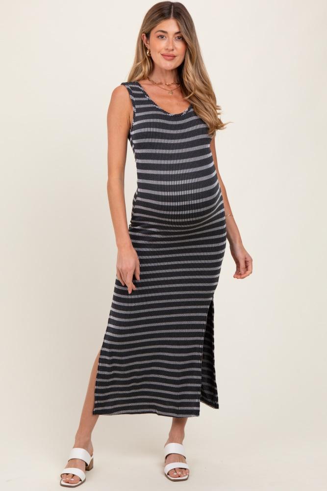 black striped ribbed sleeveless side slit maternity maxi dress