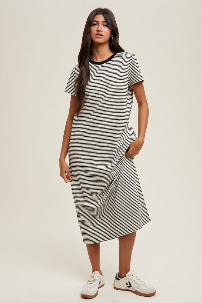 black striped short sleeve midi t-shirt dress