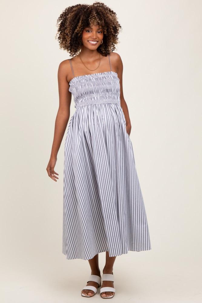black striped smocked maternity midi dress