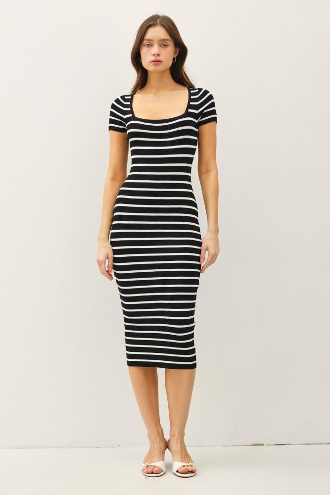 black striped square neck short sleeve midi dress