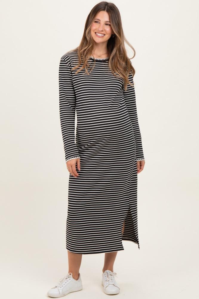 black striped stitch detail long sleeve maternity midi dress