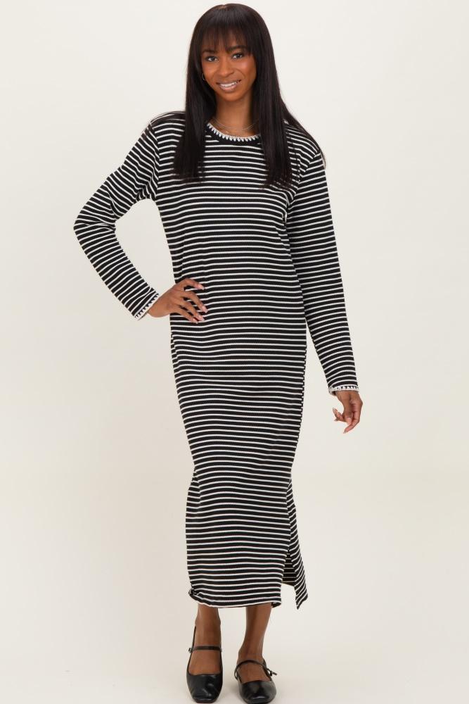 black striped stitch detail long sleeve midi dress