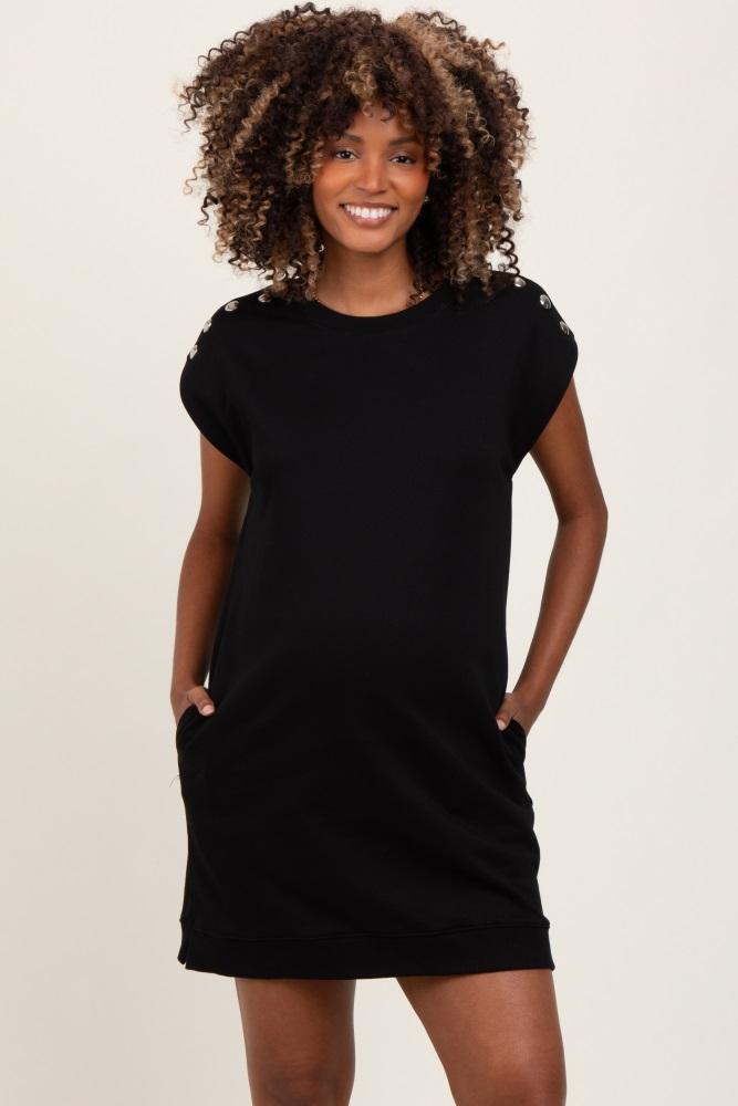 black studded shoulder maternity mini dress