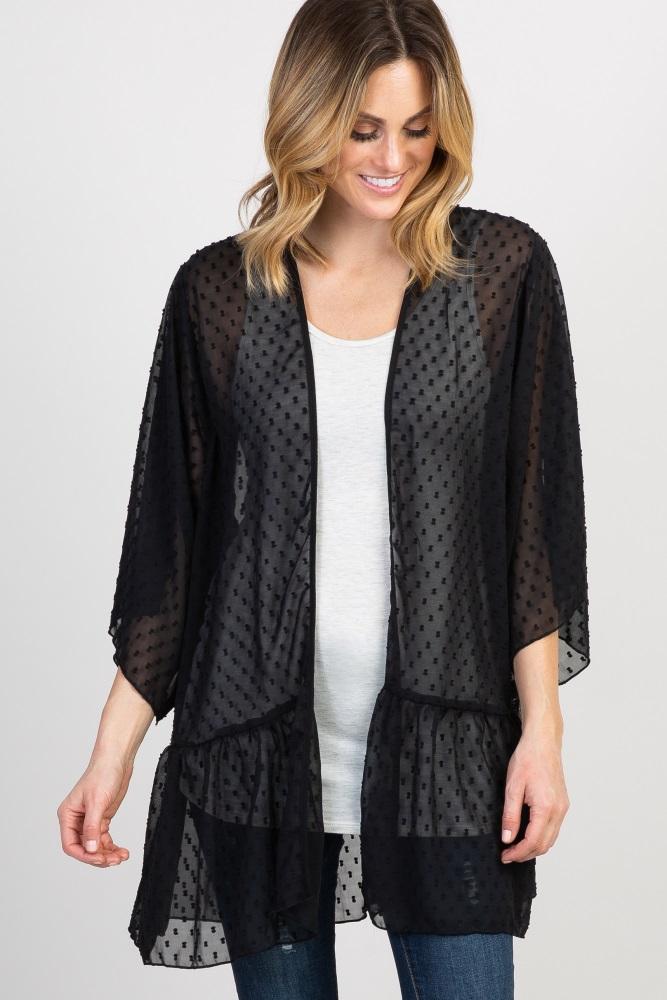 black swiss dot 3/4 sleeve chiffon cover up