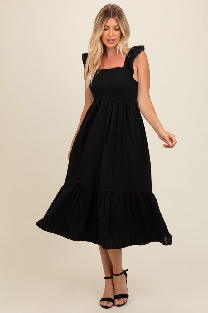 black textured cotton ruffle strap midi dress