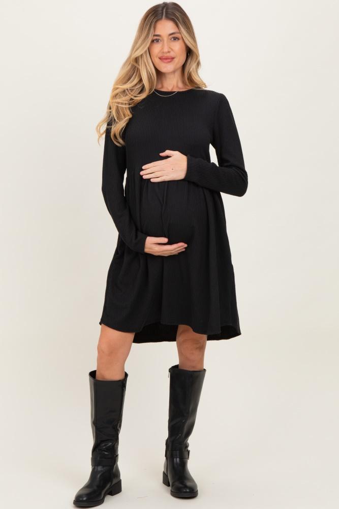 black textured rib long sleeve maternity dress