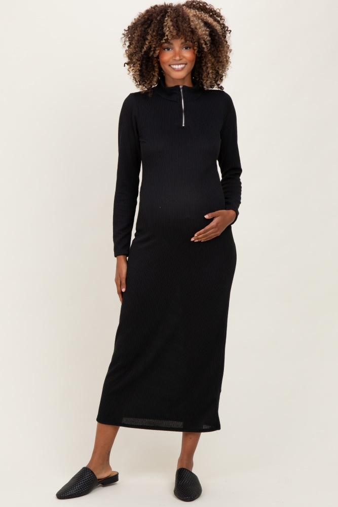 black textured rib quarter zip maternity maxi dress