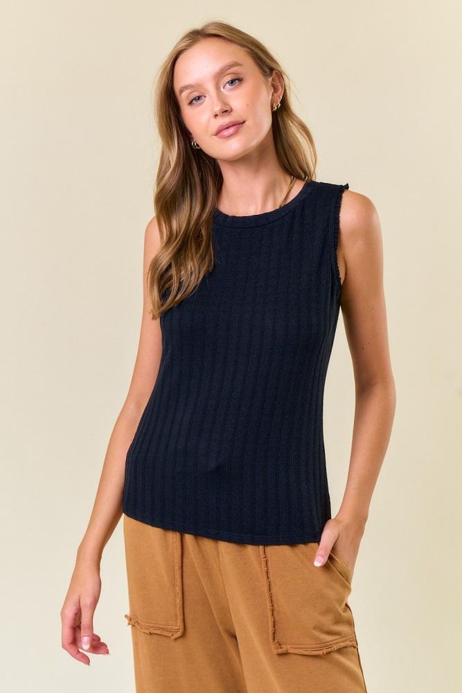 black textured rib ruffle detail tank top