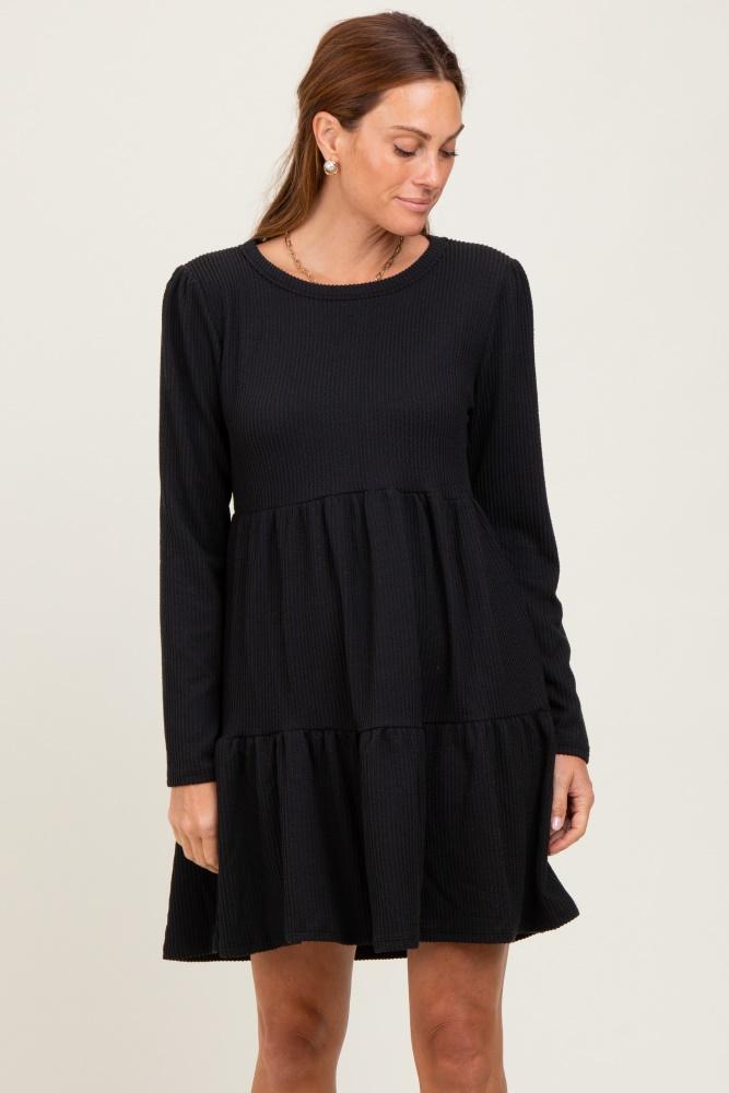 black textured rib tiered long sleeve dress