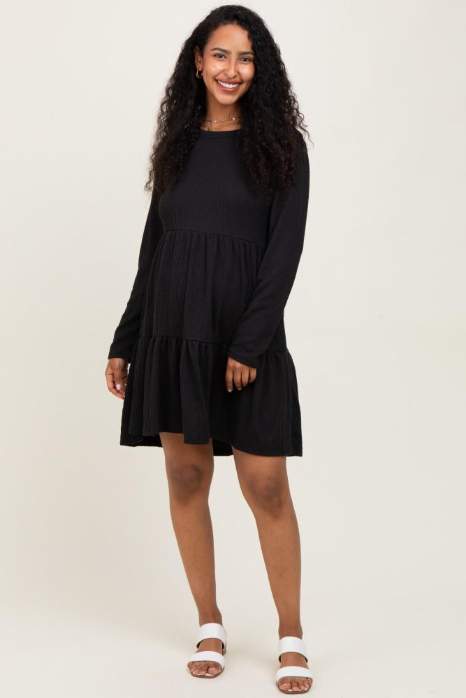 black textured rib tiered long sleeve maternity dress